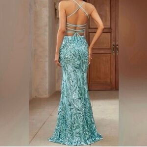Elegant Teal Strappy Sequinned Evening Gown